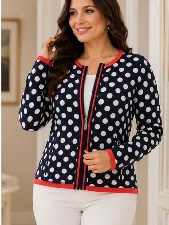 Kris Cassia Sweaters - Kris Cassia Navy and White Polka Dot Zip Jacket with Coral Trim Small